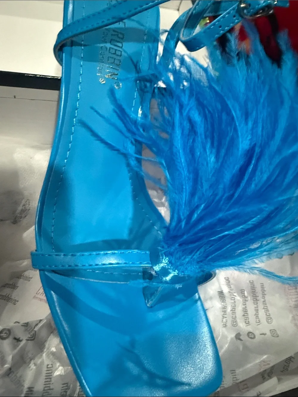 Blue Feather Strap High Heel Sandals - Women's